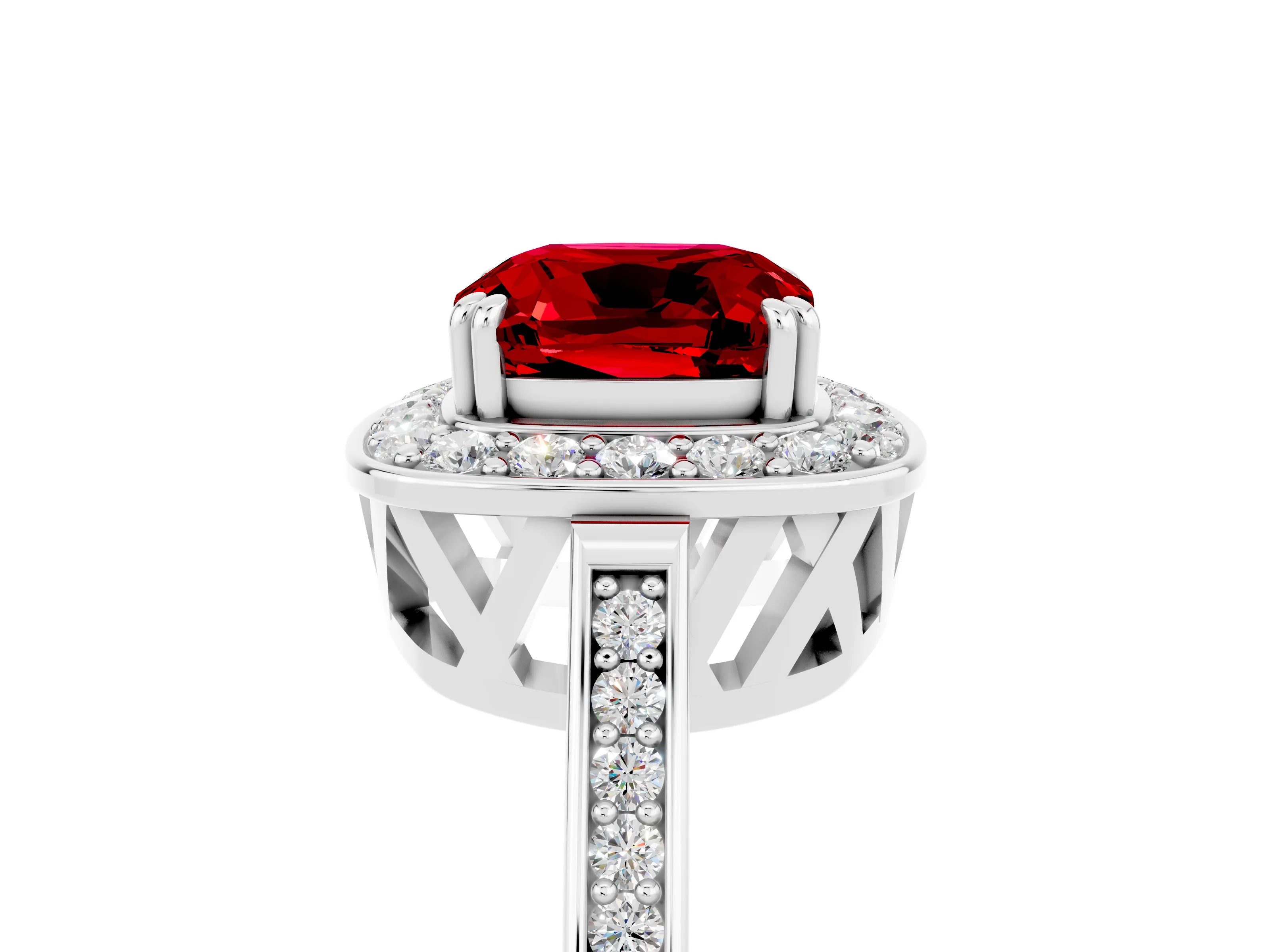 White gold Cushion Cut Ruby Halo Ring with Split Shank and Four-Prong Setting_17