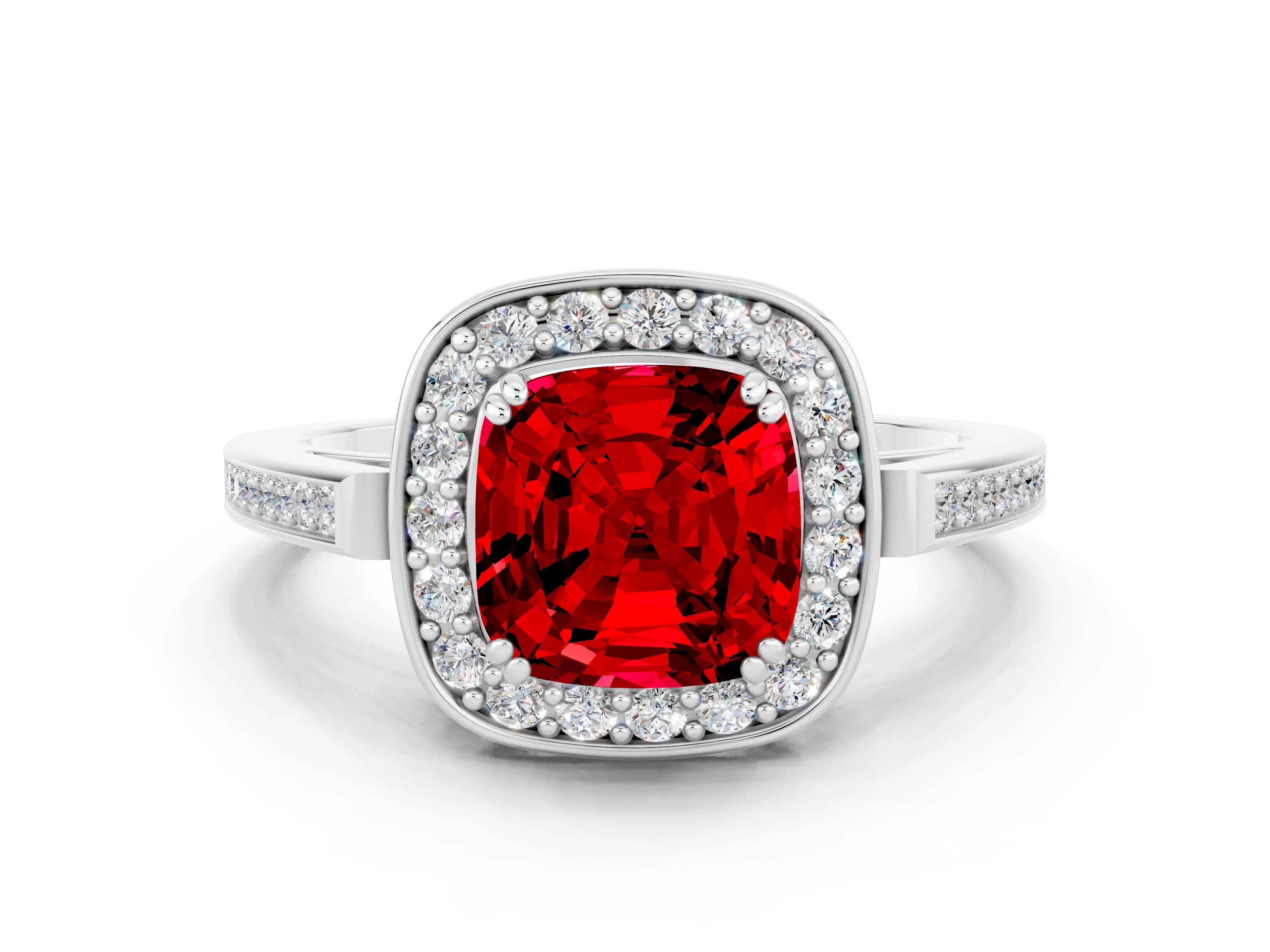 White gold Cushion Cut Ruby Halo Ring with Split Shank and Four-Prong Setting_24