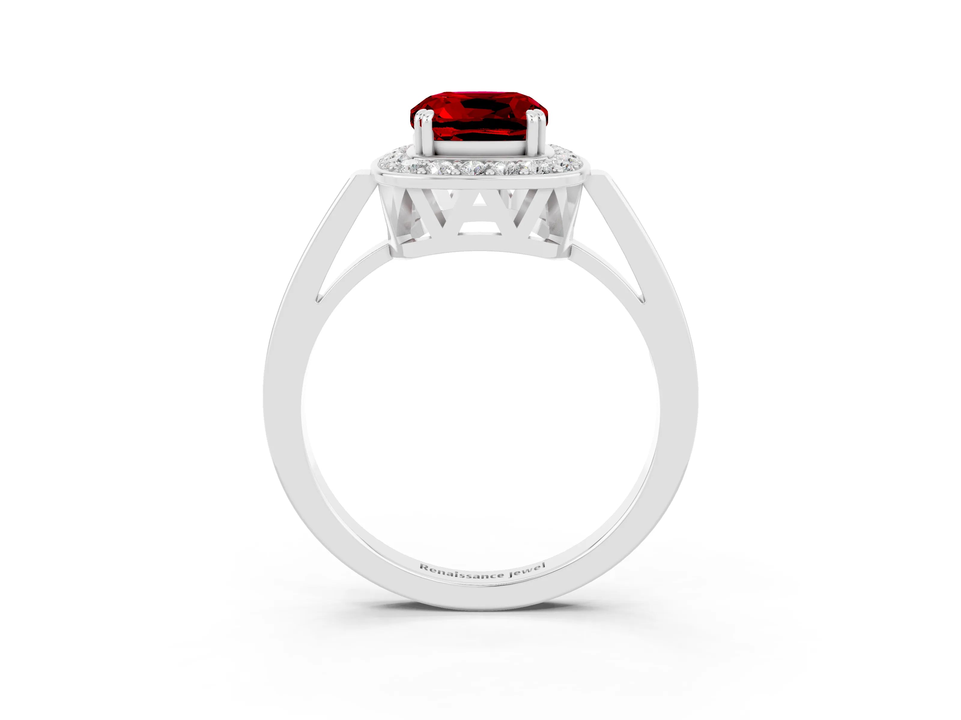 White gold Cushion Cut Ruby Halo Ring with Split Shank and Four-Prong Setting_27