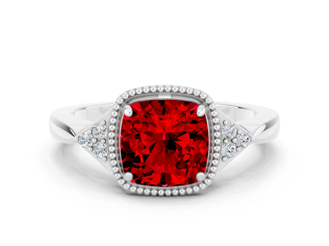 White gold Cushion Cut Ruby Halo Ring with Tapered Band and Four-Prong Setting