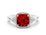 White gold Cushion Cut Ruby Halo Ring with Tapered Band and Four-Prong Setting