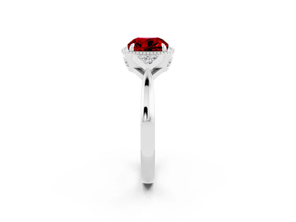 Platinum Cushion Cut Ruby Halo Ring with Tapered Band and Four-Prong Setting