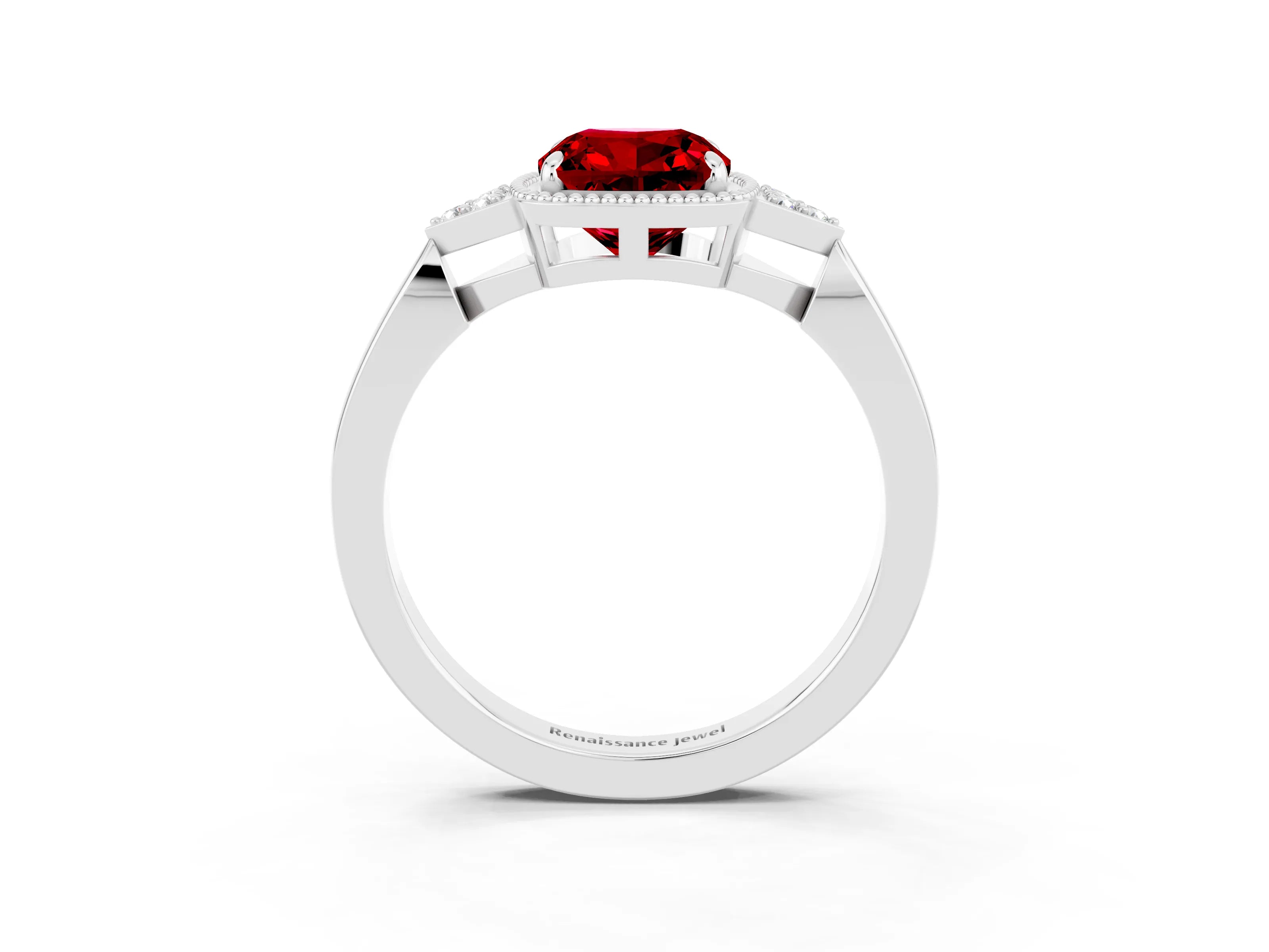 White gold Cushion Cut Ruby Halo Ring with Tapered Band and Four-Prong Setting_3