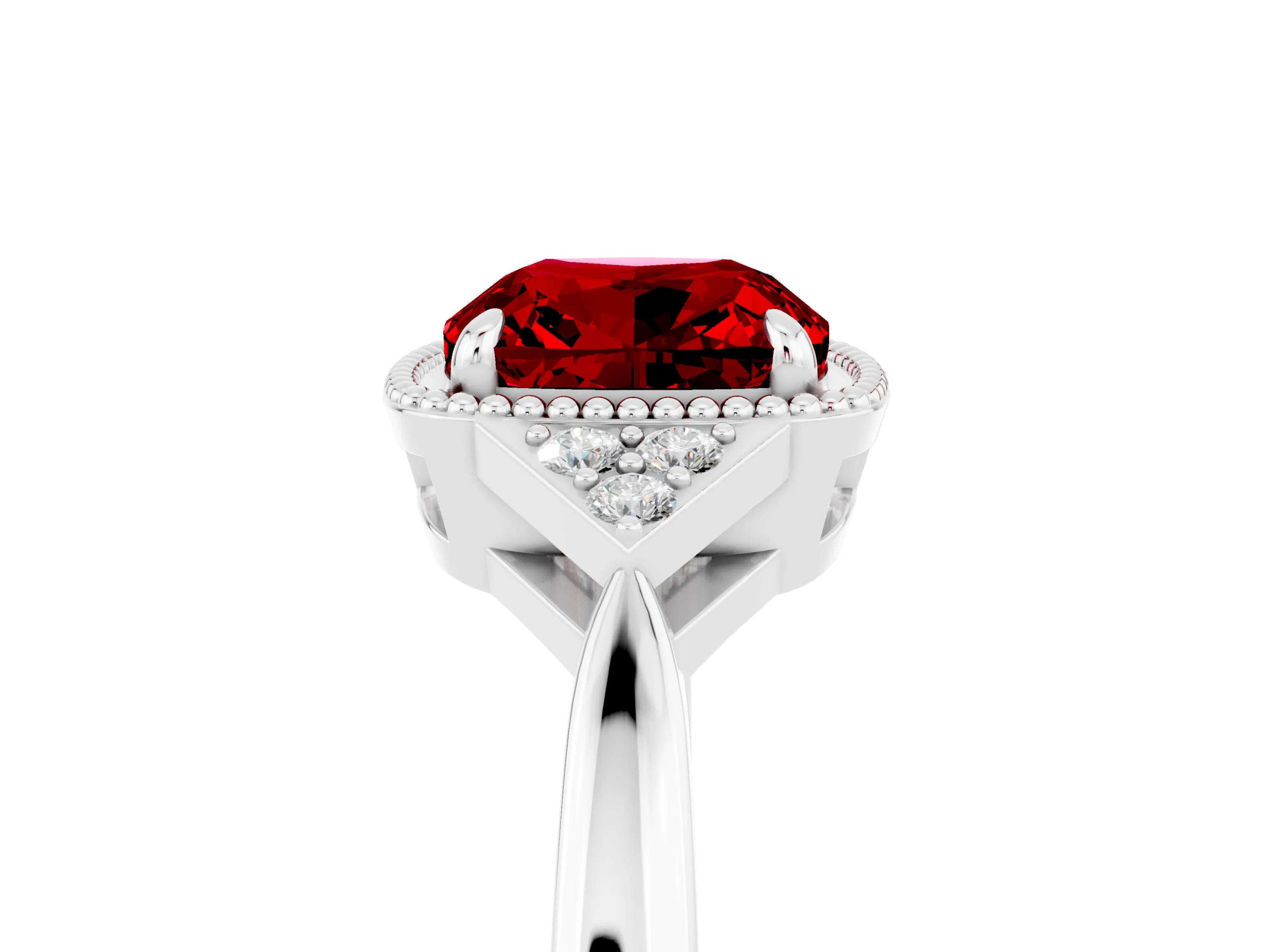 White gold Cushion Cut Ruby Halo Ring with Tapered Band and Four-Prong Setting_5