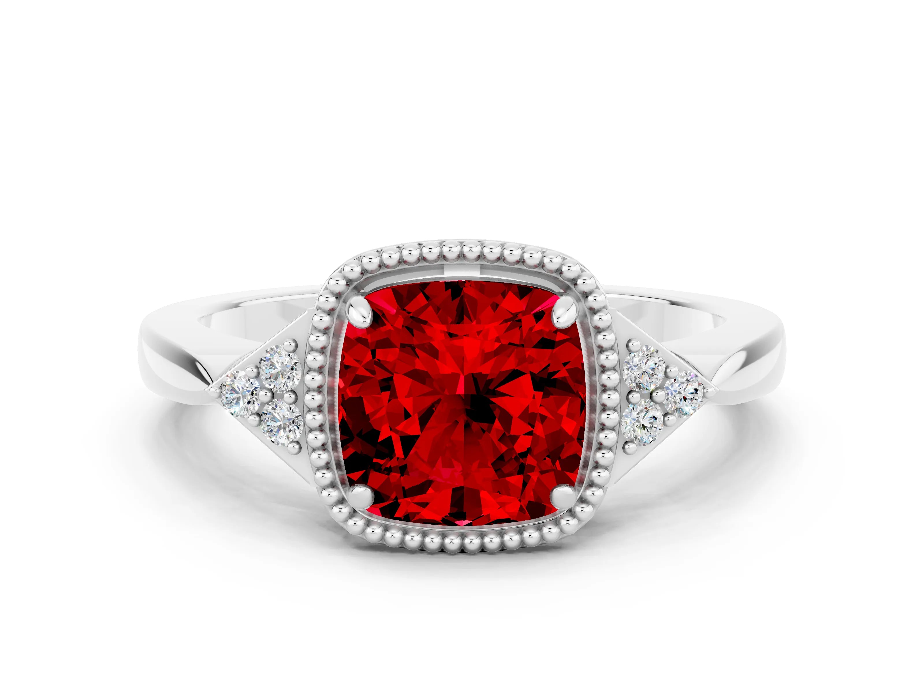 White gold Cushion Cut Ruby Halo Ring with Tapered Band and Four-Prong Setting