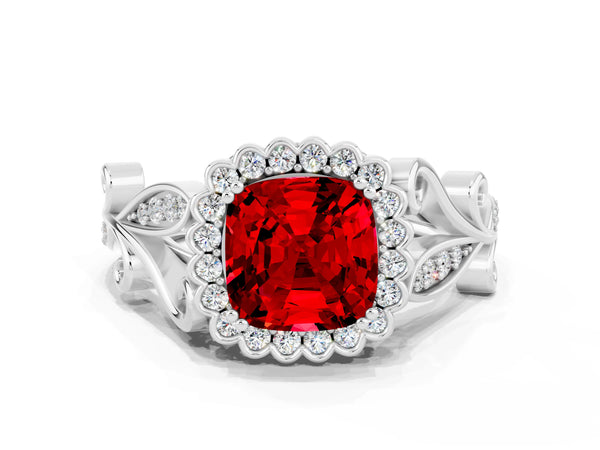 Silver Cushion Cut Ruby Halo Ring with Vintage Split Shank and Four-Prong Setting