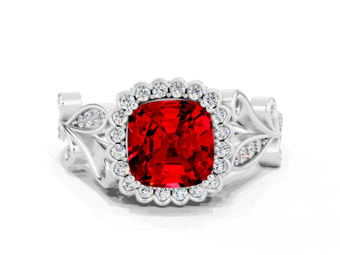 White gold Cushion Cut Ruby Halo Ring with Vintage Split Shank and Four-Prong Setting_24