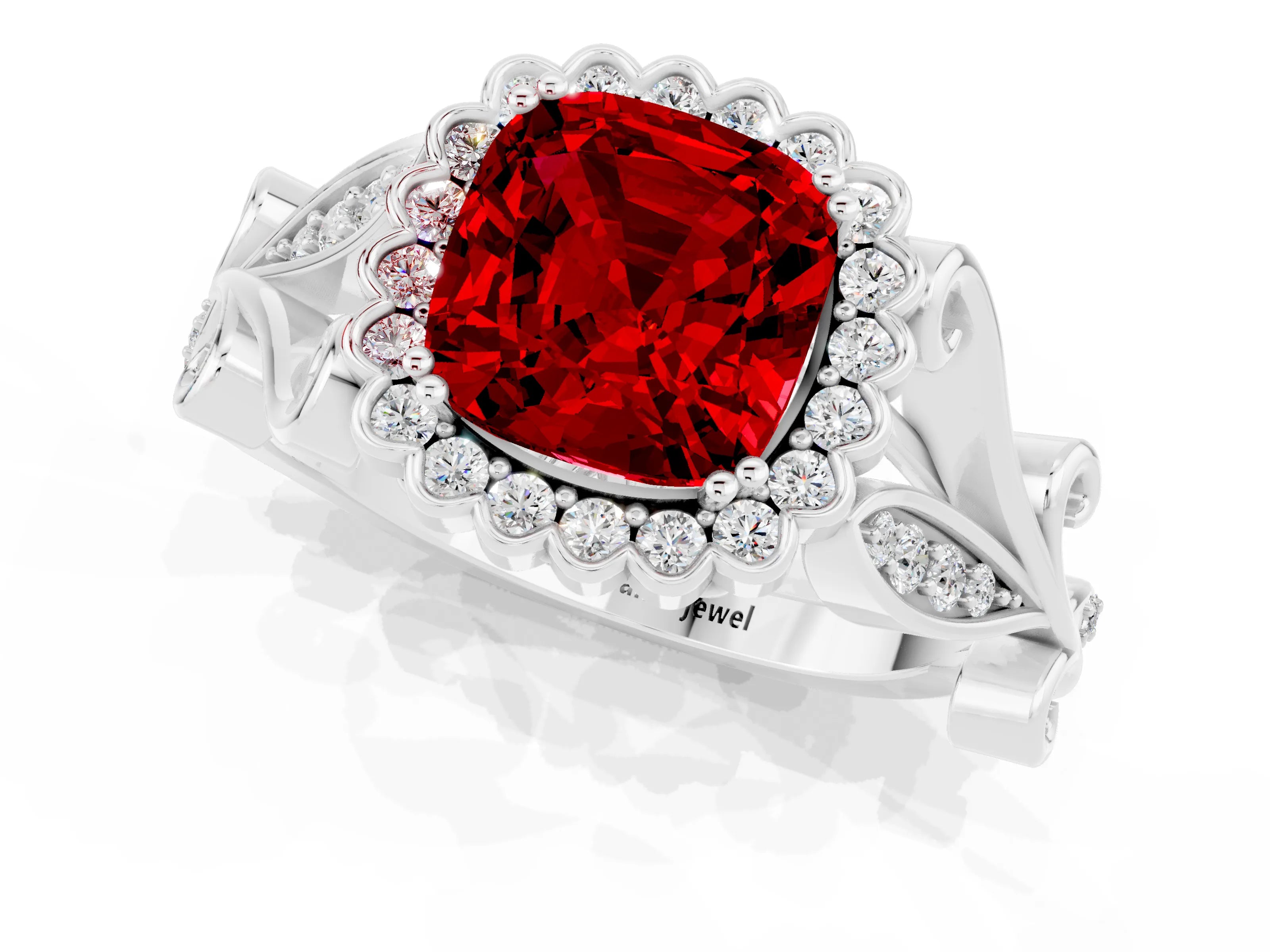 White gold Cushion Cut Ruby Halo Ring with Vintage Split Shank and Four-Prong Setting_25