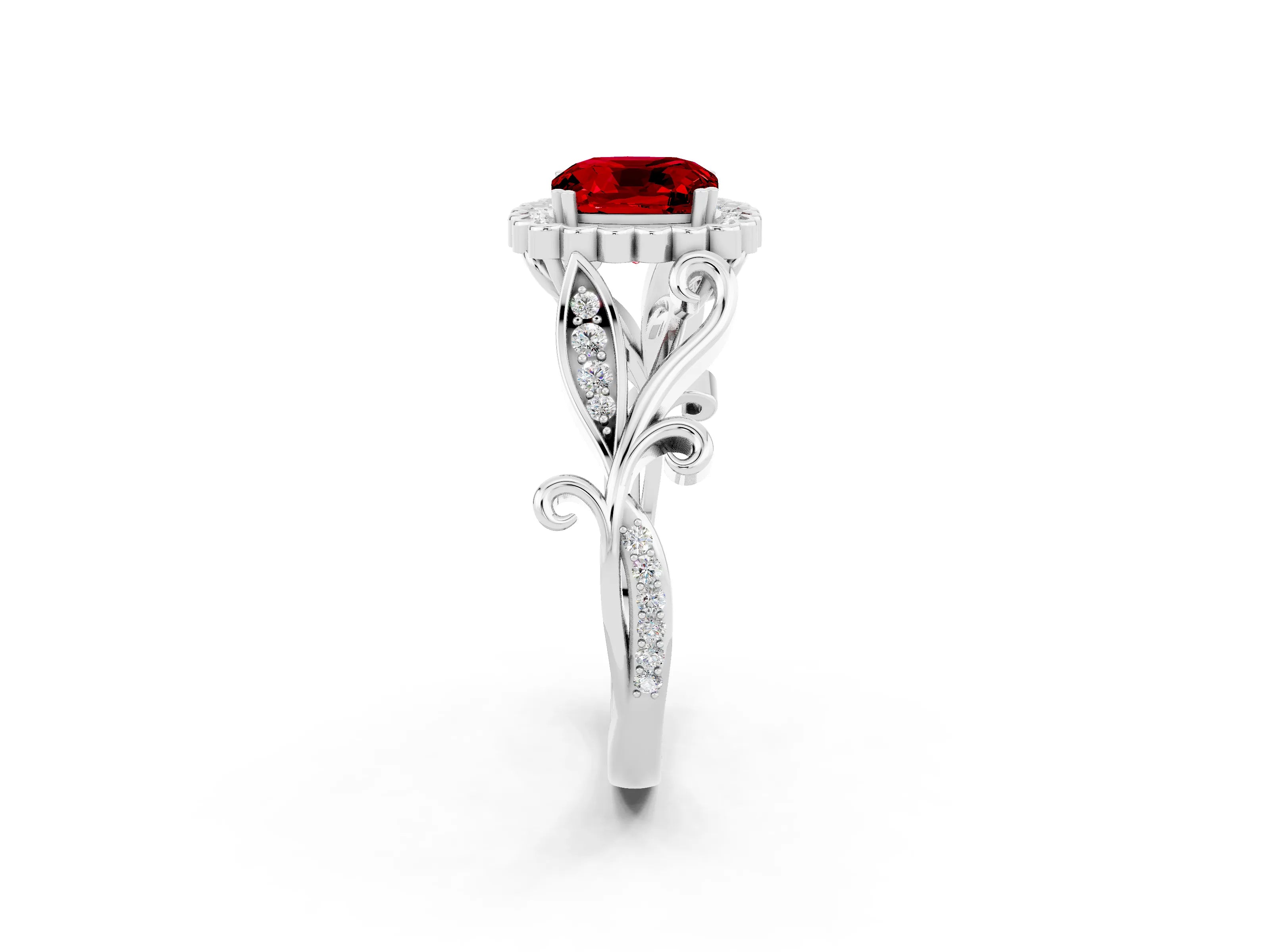 White gold Cushion Cut Ruby Halo Ring with Vintage Split Shank and Four-Prong Setting_26