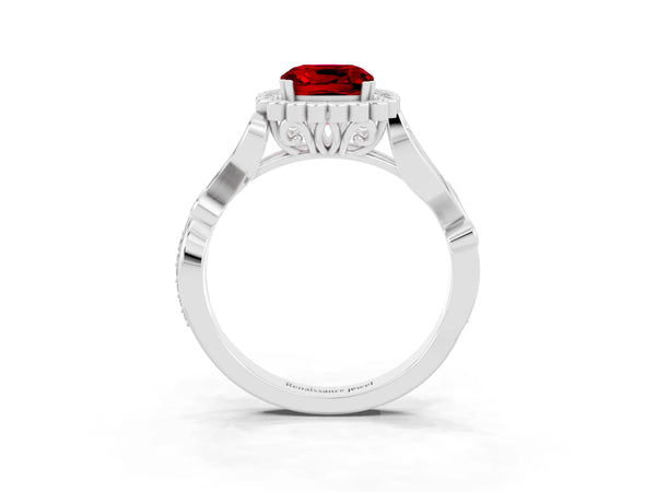 Platinum Cushion Cut Ruby Halo Ring with Vintage Split Shank and Four-Prong Setting