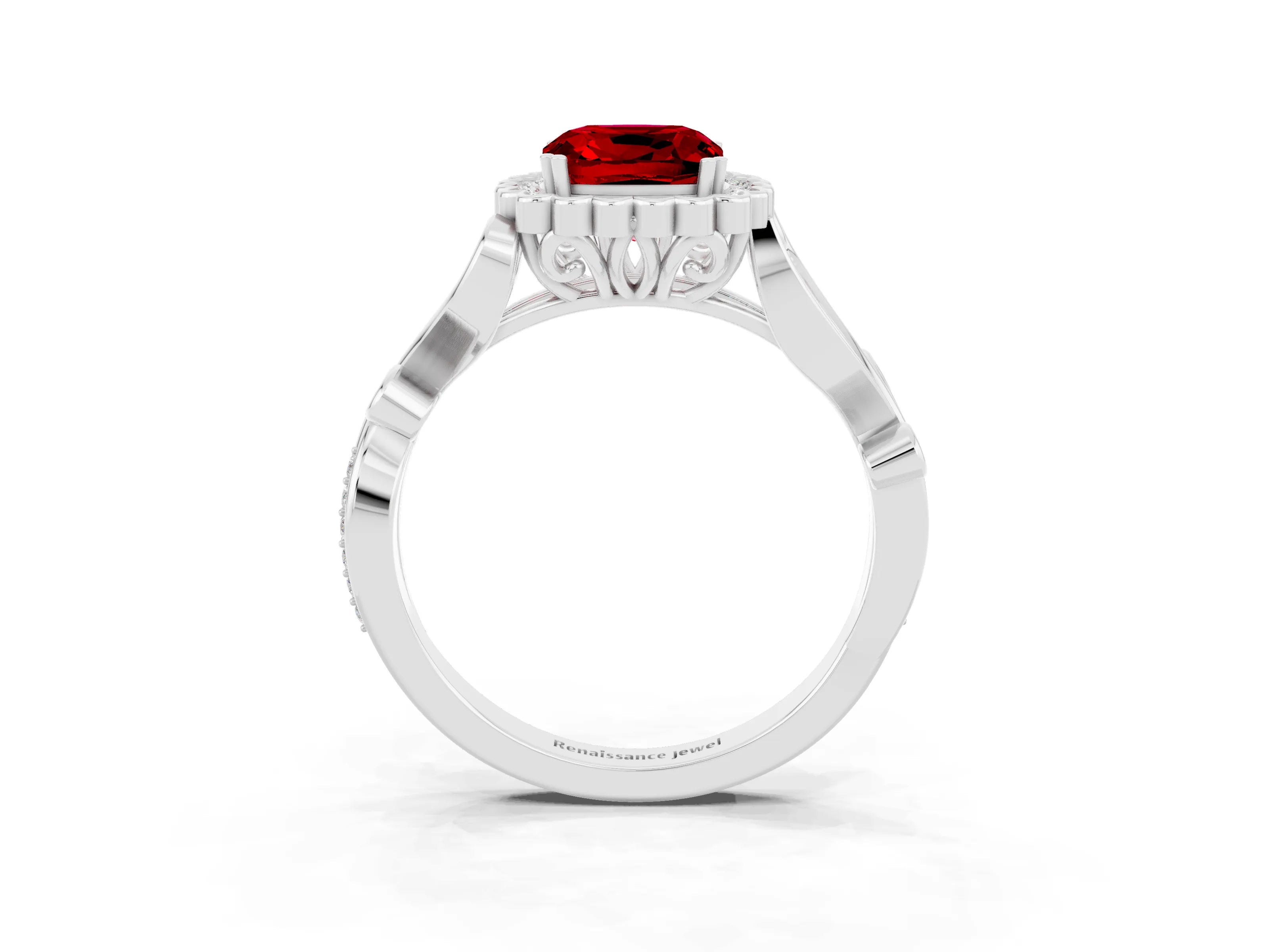 White gold Cushion Cut Ruby Halo Ring with Vintage Split Shank and Four-Prong Setting_27
