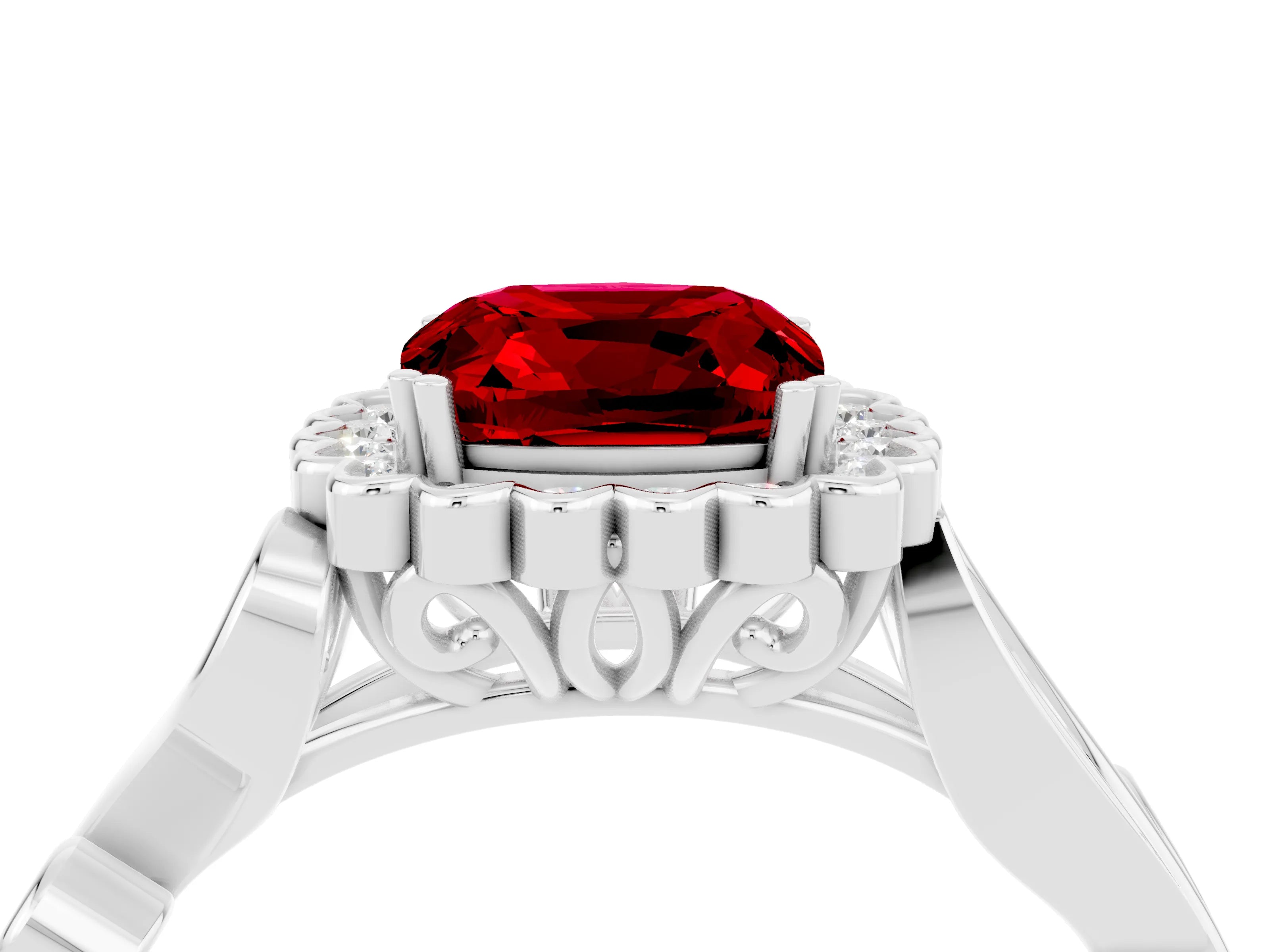 White gold Cushion Cut Ruby Halo Ring with Vintage Split Shank and Four-Prong Setting_28