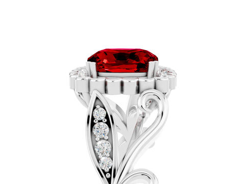 White gold Cushion Cut Ruby Halo Ring with Vintage Split Shank and Four-Prong Setting_29
