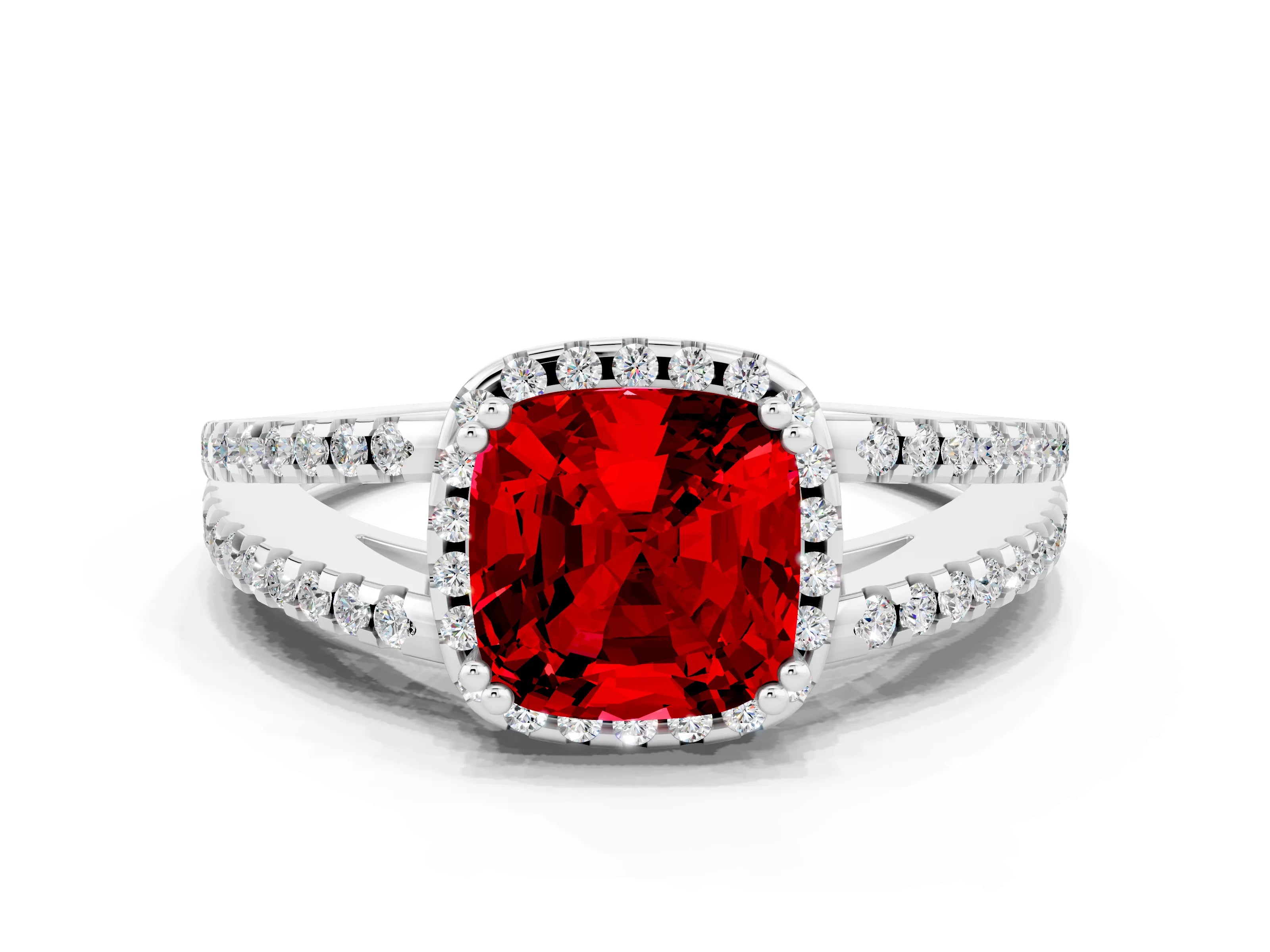 White gold Cushion Cut Ruby Halo Split Shank Engagement Ring_12