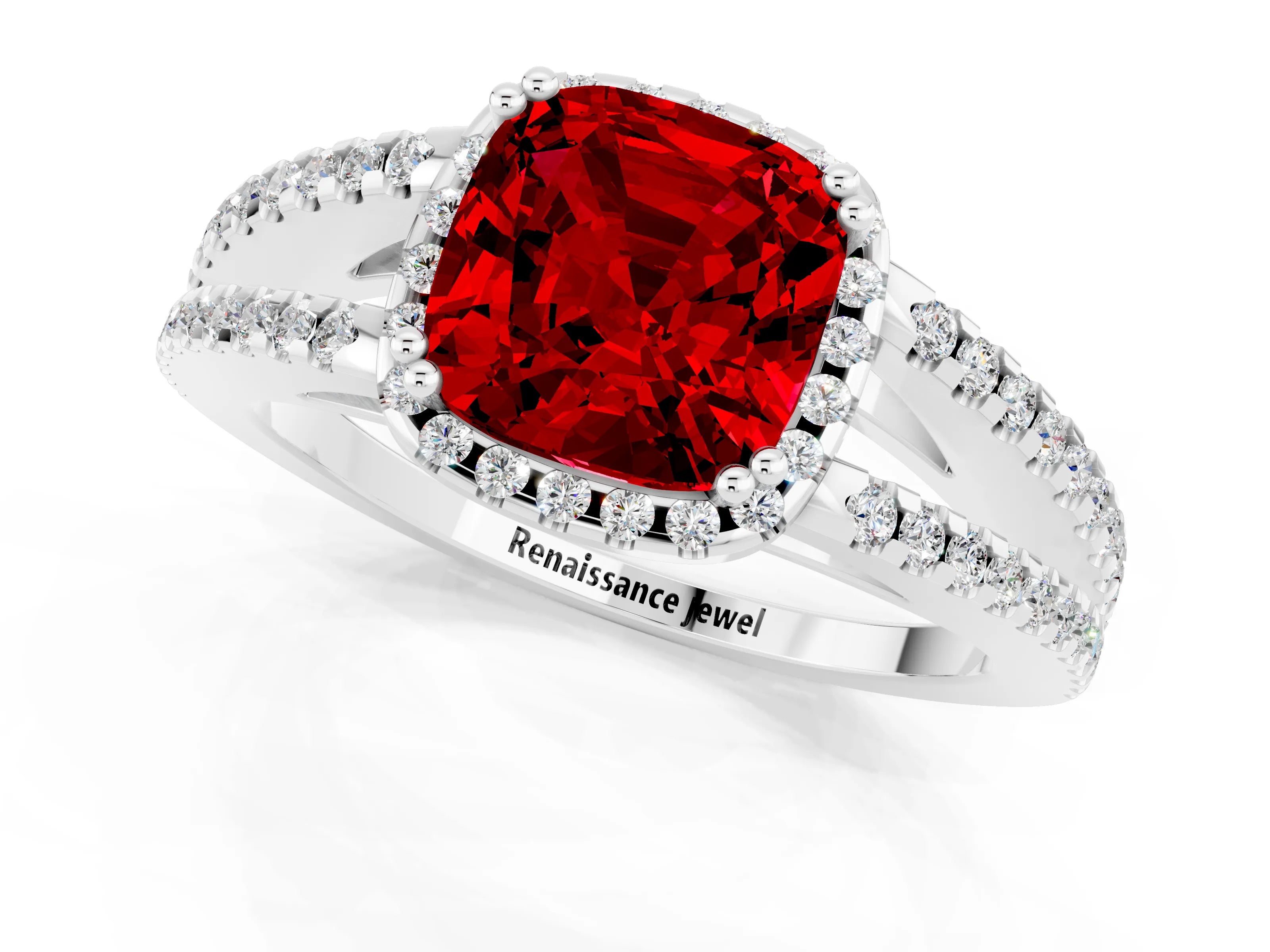 White gold Cushion Cut Ruby Halo Split Shank Engagement Ring_13