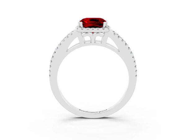 White gold Cushion Cut Ruby Halo Split Shank Engagement Ring
