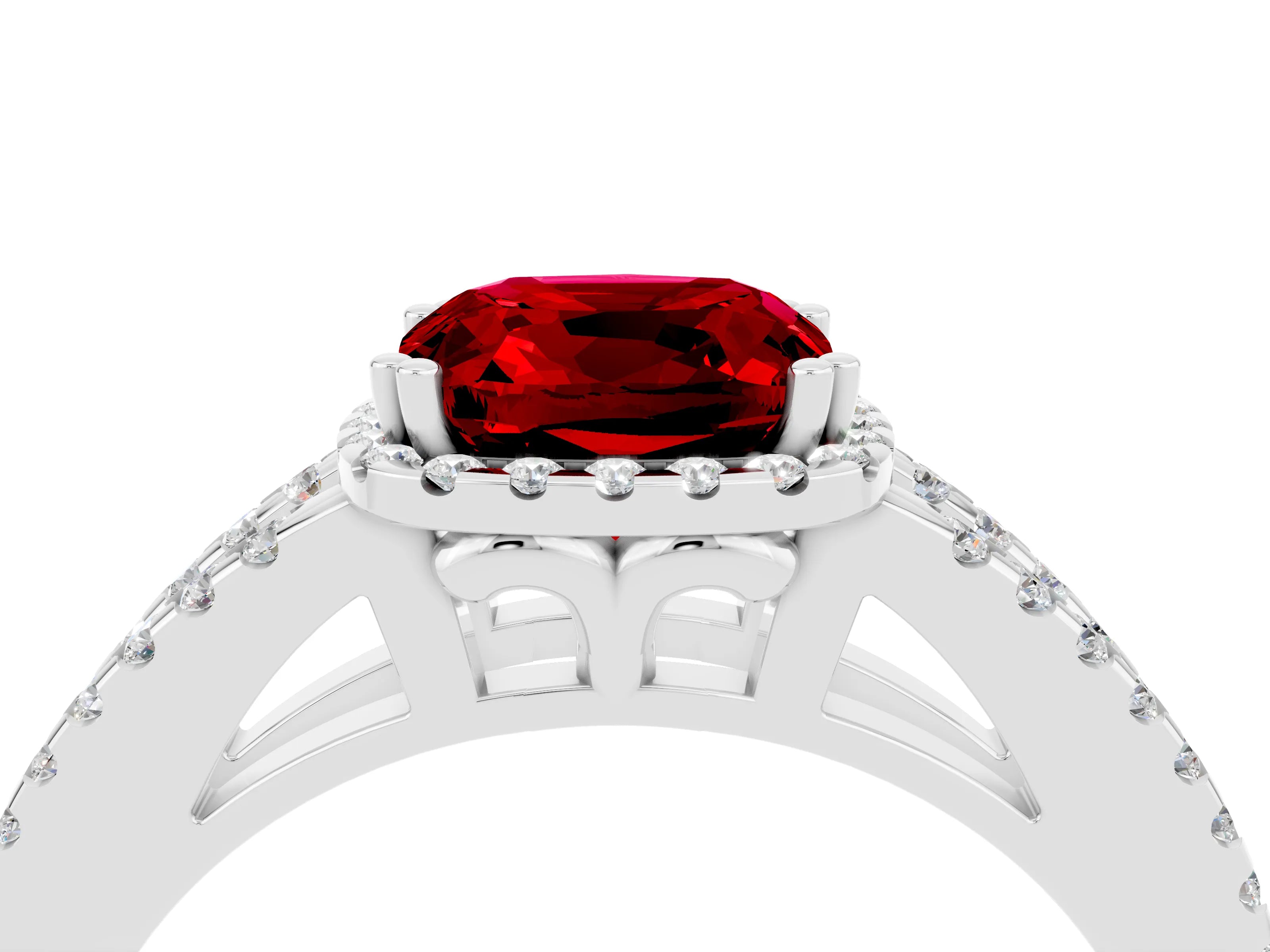 White gold Cushion Cut Ruby Halo Split Shank Engagement Ring_16