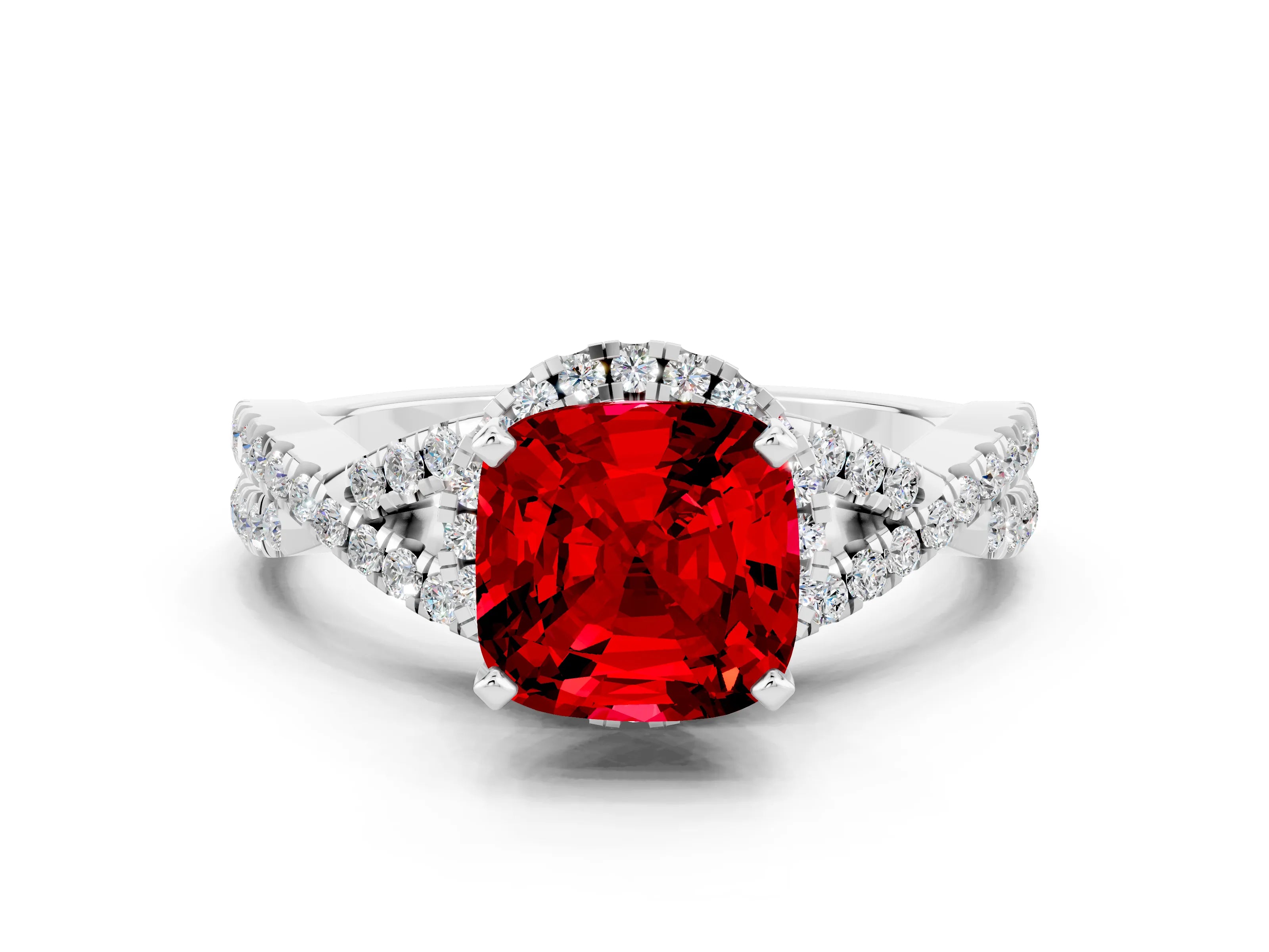 White gold Cushion Cut Ruby Halo Twist Band Solitaire Prong Setting Ring