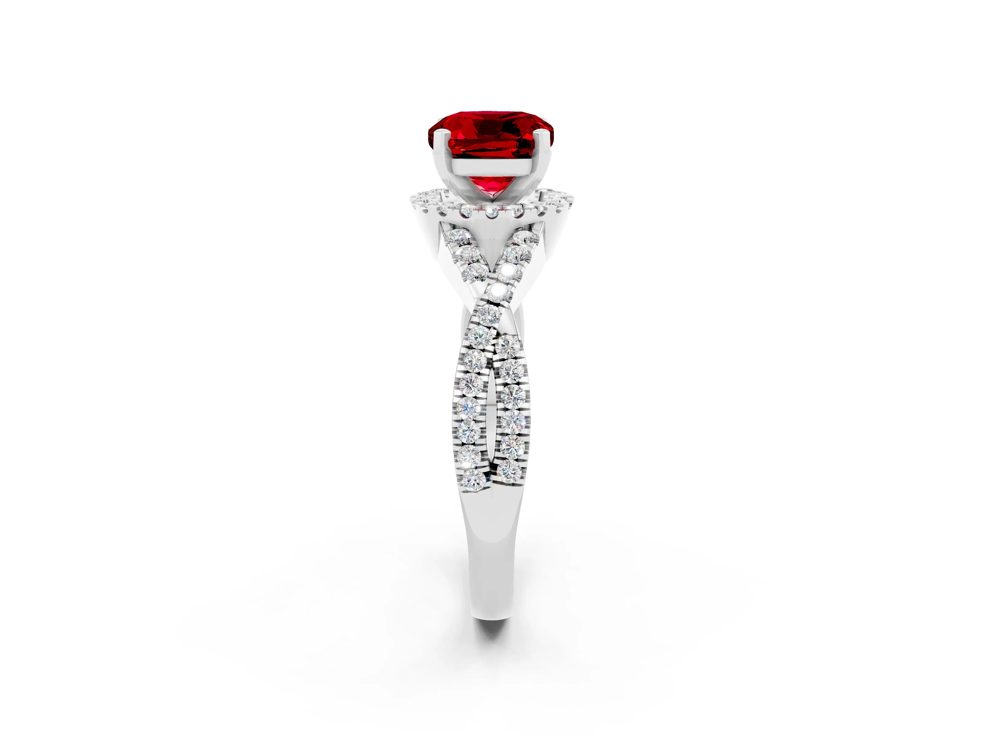 White gold Cushion Cut Ruby Halo Twist Band Solitaire Prong Setting Ring_2