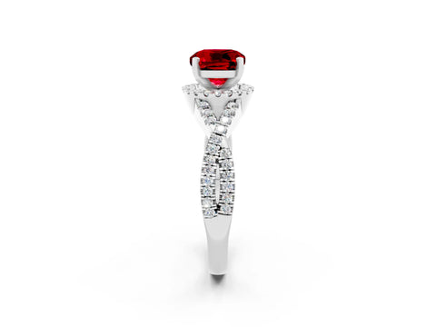 White gold Cushion Cut Ruby Halo Twist Band Solitaire Prong Setting Ring_2