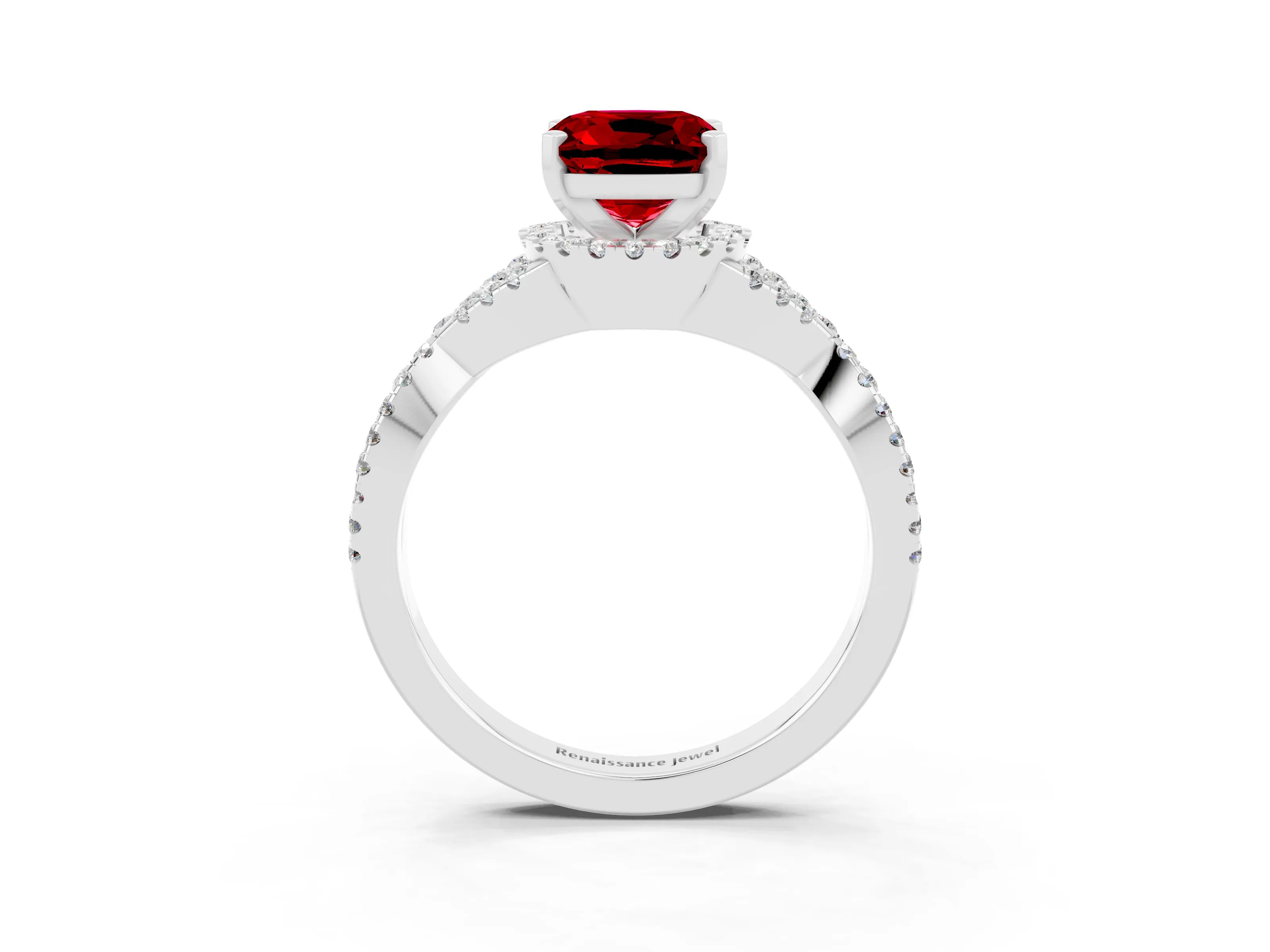 White gold Cushion Cut Ruby Halo Twist Band Solitaire Prong Setting Ring_3