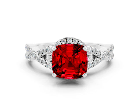 White gold Cushion Cut Ruby Halo Twist Band Solitaire Prong Setting Ring