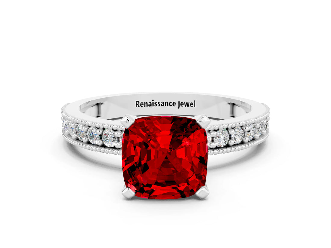 White gold Cushion Cut Ruby Milgrain Pavé Engagement Ring with Four-Prong Setting_12