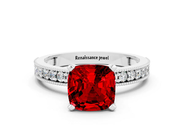 Platinum Cushion Cut Ruby Milgrain Pavé Engagement Ring with Four-Prong Setting