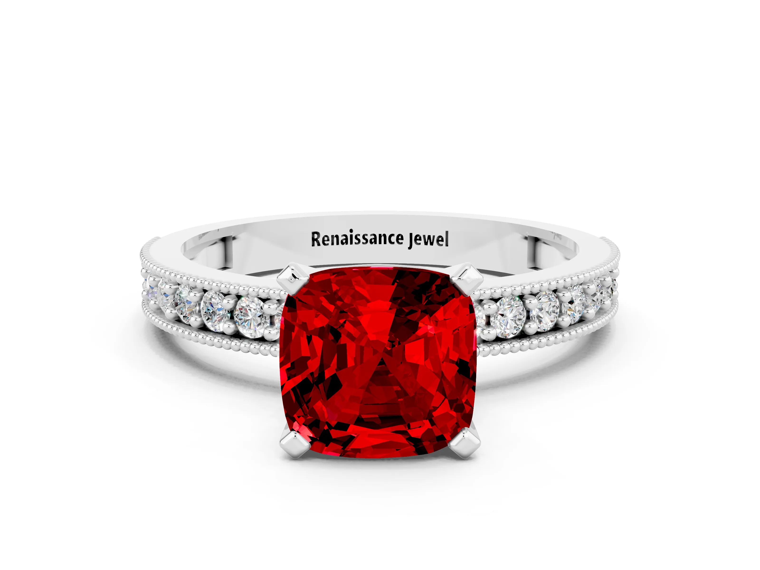 White gold Cushion Cut Ruby Milgrain Pavé Engagement Ring with Four-Prong Setting_12