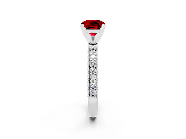 Platinum Cushion Cut Ruby Milgrain Pavé Engagement Ring with Four-Prong Setting
