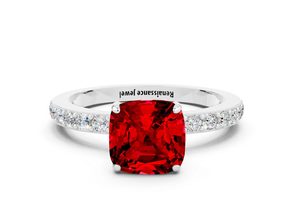 Platinum Cushion Cut Ruby Pavé Engagement Ring with Round  Accents and Prong Setting