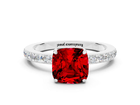 White gold Cushion Cut Ruby Pavé Engagement Ring with Round  Accents and Prong Setting_24