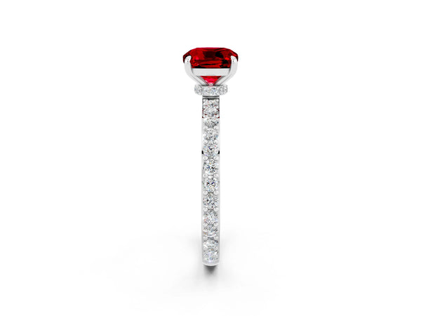 Silver Cushion Cut Ruby Pavé Engagement Ring with Round  Accents and Prong Setting