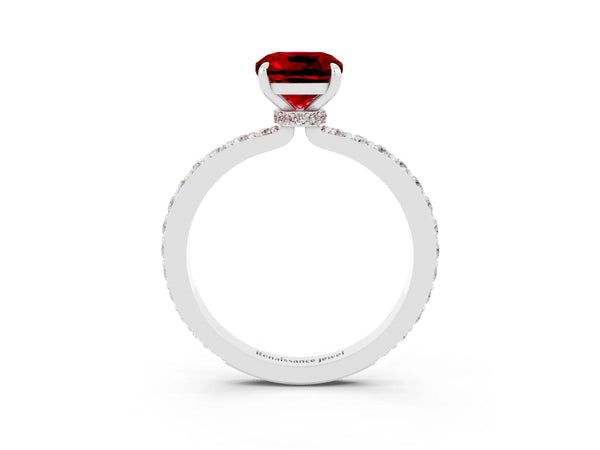 Platinum Cushion Cut Ruby Pavé Engagement Ring with Round  Accents and Prong Setting