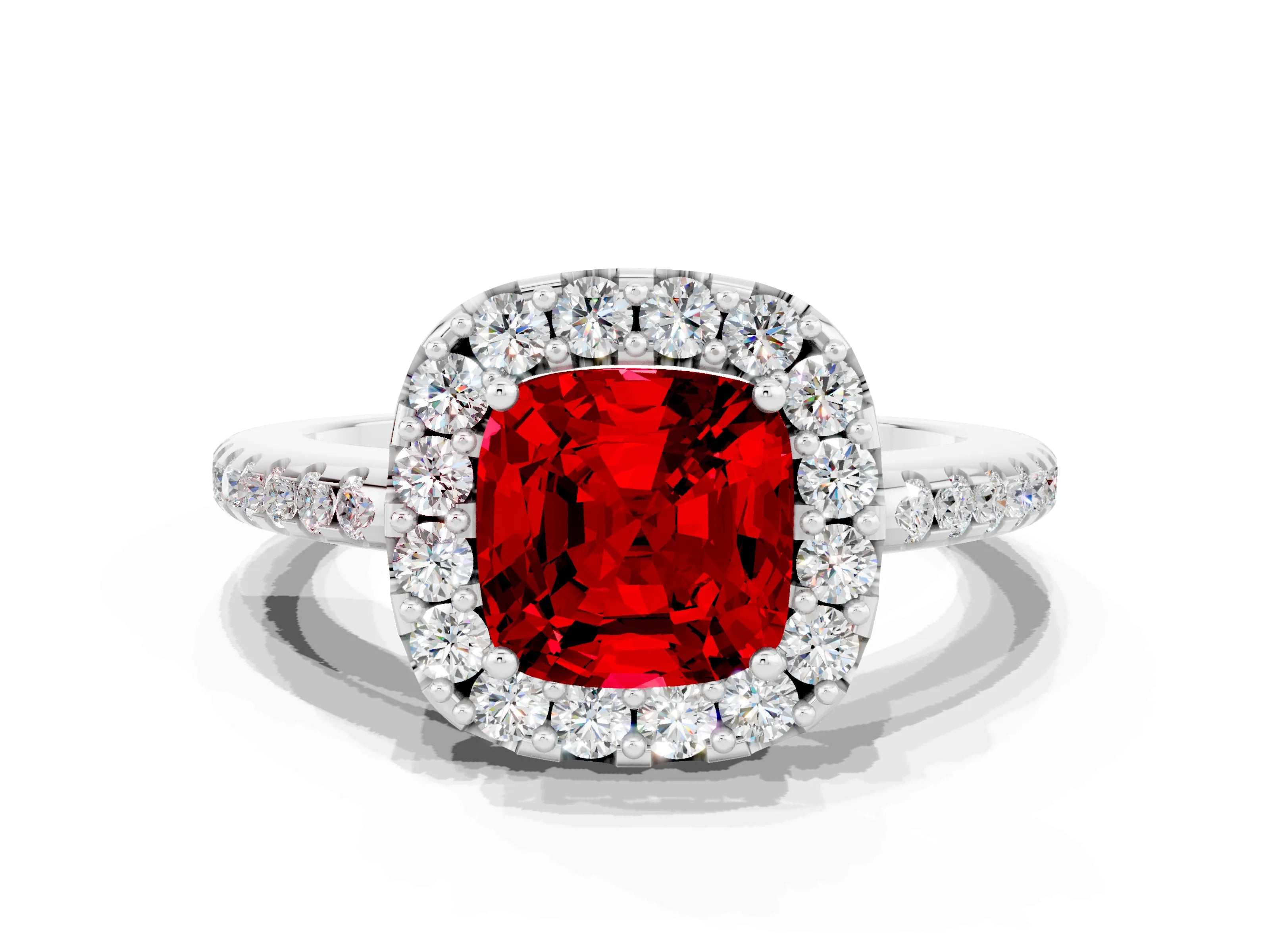White gold Cushion Cut Ruby Pavé Halo Ring with Four-Prong Setting_12