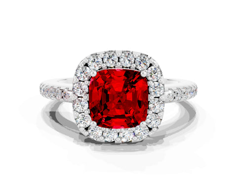 White gold Cushion Cut Ruby Pavé Halo Ring with Four-Prong Setting_12