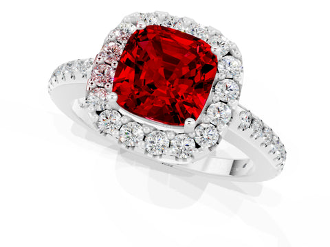 White gold Cushion Cut Ruby Pavé Halo Ring with Four-Prong Setting_13