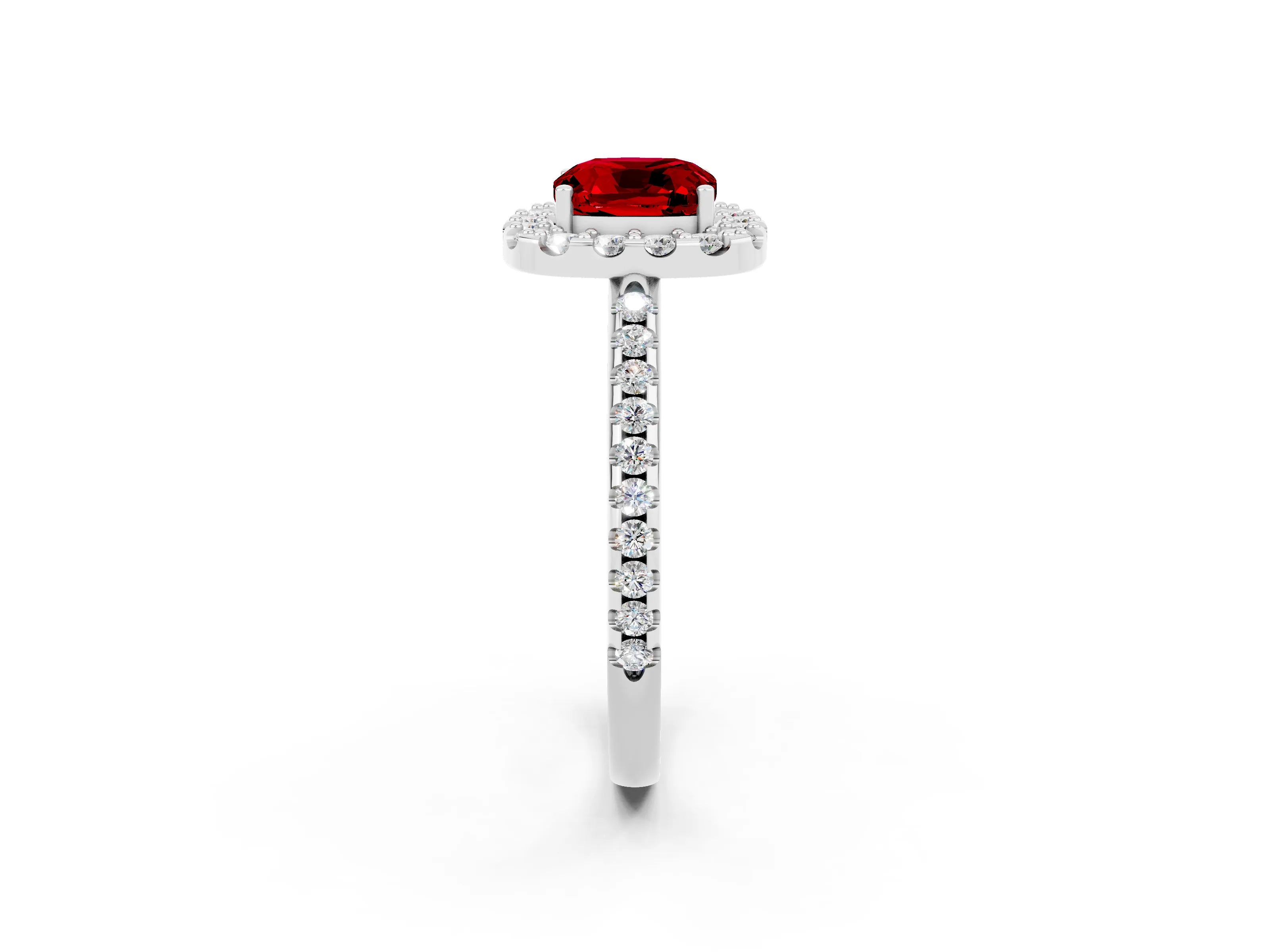 White gold Cushion Cut Ruby Pavé Halo Ring with Four-Prong Setting_14
