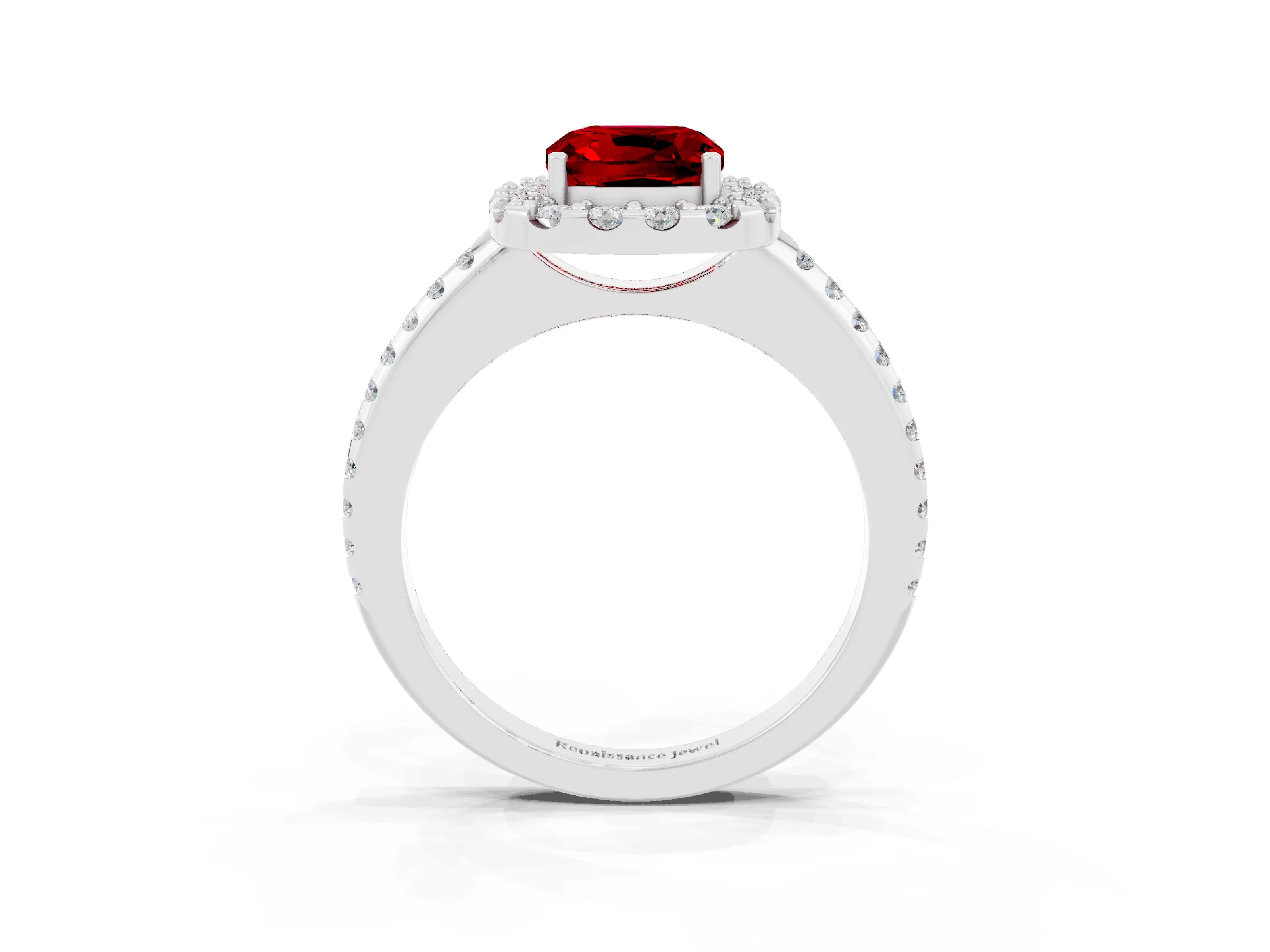 White gold Cushion Cut Ruby Pavé Halo Ring with Four-Prong Setting_15