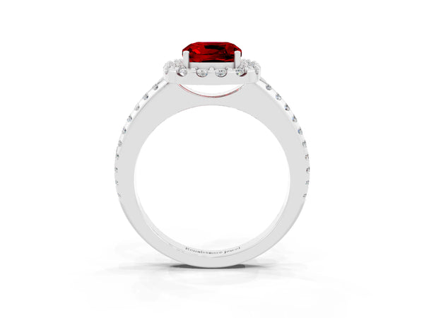 White gold Cushion Cut Ruby Pavé Halo Ring with Four-Prong Setting