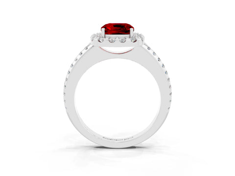 White gold Cushion Cut Ruby Pavé Halo Ring with Four-Prong Setting_15