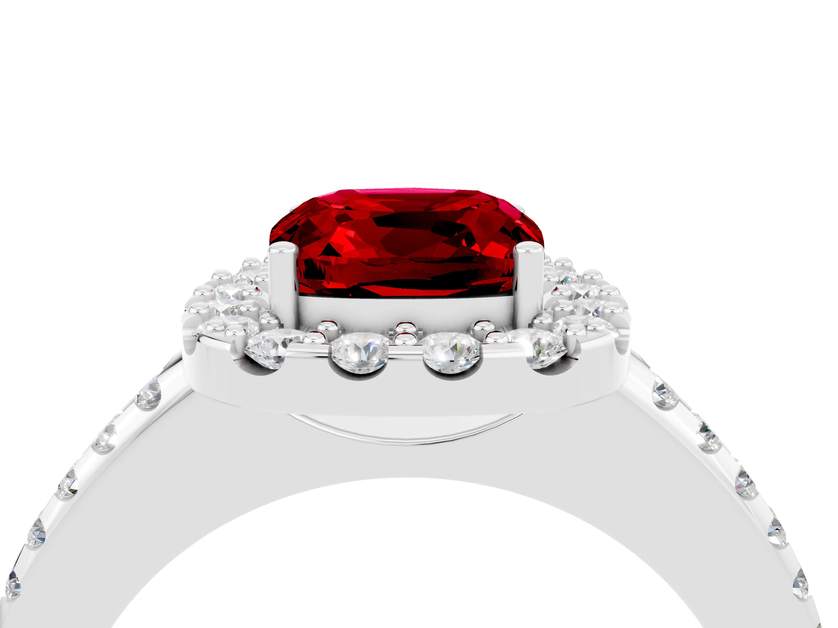 White gold Cushion Cut Ruby Pavé Halo Ring with Four-Prong Setting_16