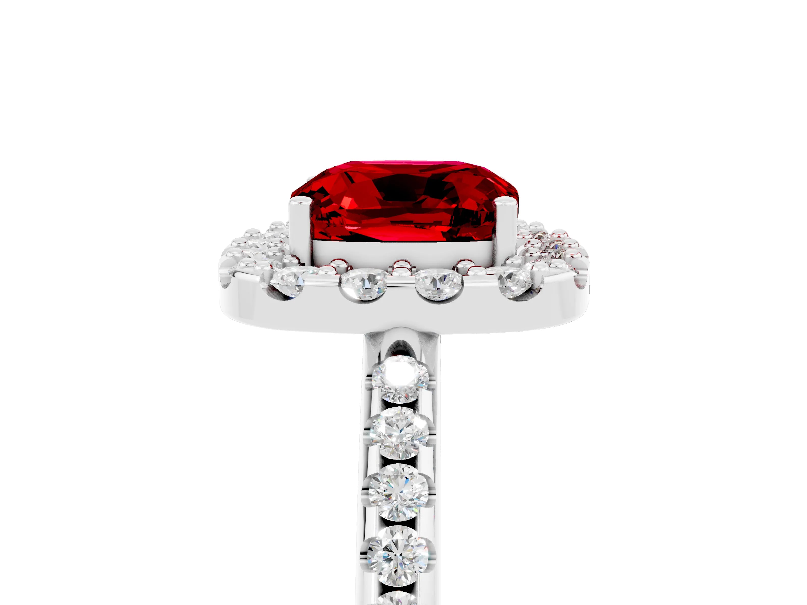 White gold Cushion Cut Ruby Pavé Halo Ring with Four-Prong Setting_17