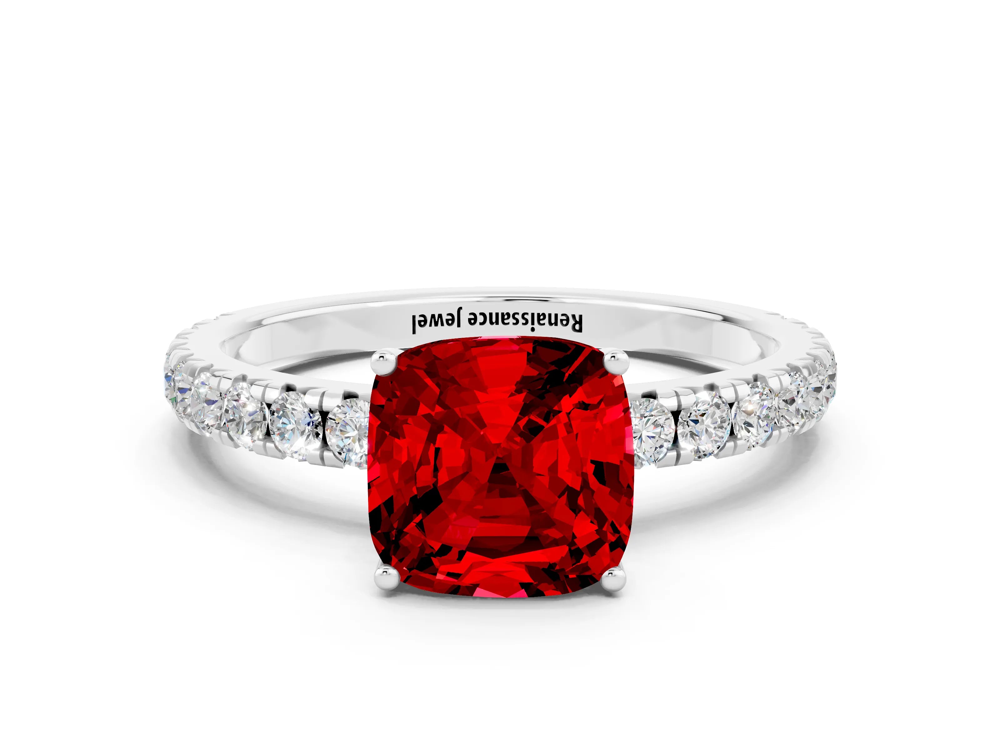 White gold Cushion Cut Ruby Pavé Solitaire Engagement Ring with Four-Prong Setting_12