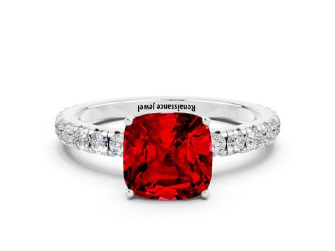 White gold Cushion Cut Ruby Pavé Solitaire Engagement Ring with Four-Prong Setting_12