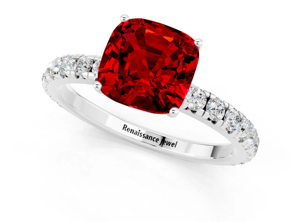 Silver Cushion Cut Ruby Pavé Solitaire Engagement Ring with Four-Prong Setting