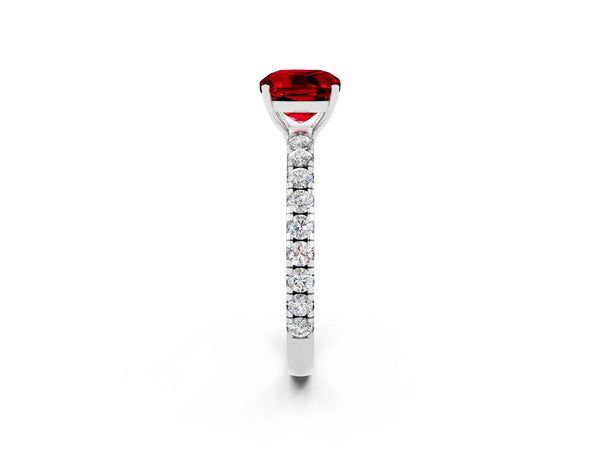 White gold Cushion Cut Ruby Pavé Solitaire Engagement Ring with Four-Prong Setting
