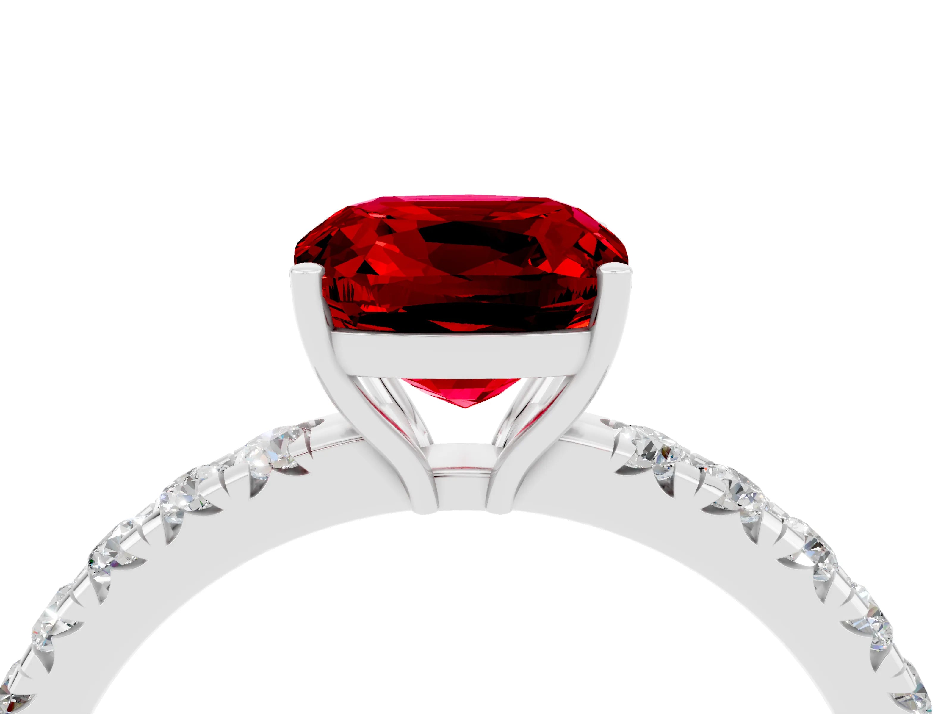 White gold Cushion Cut Ruby Pavé Solitaire Engagement Ring with Four-Prong Setting_16
