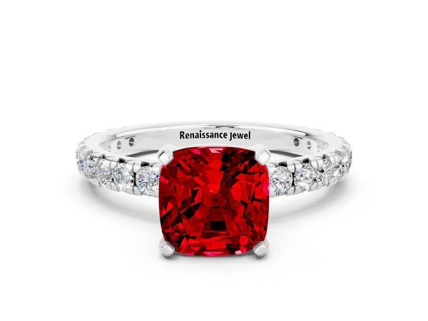 Platinum Cushion Cut Ruby Pavé Solitaire Ring with Round Band and Prong Setting