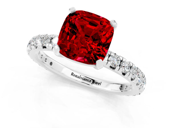 Silver Cushion Cut Ruby Pavé Solitaire Ring with Round Band and Prong Setting